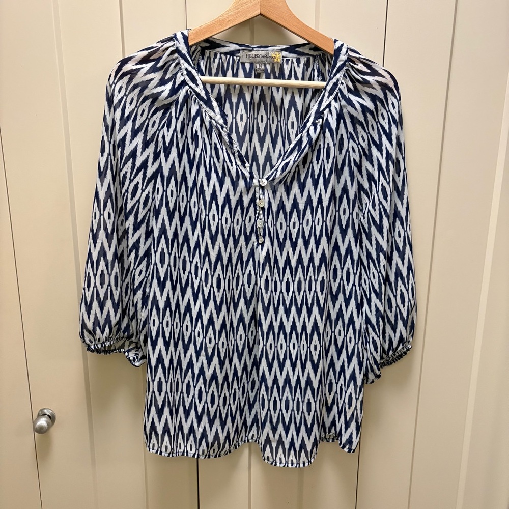 Figueroa & Flower 🌻Navy & White Blouse-Boho-Size M